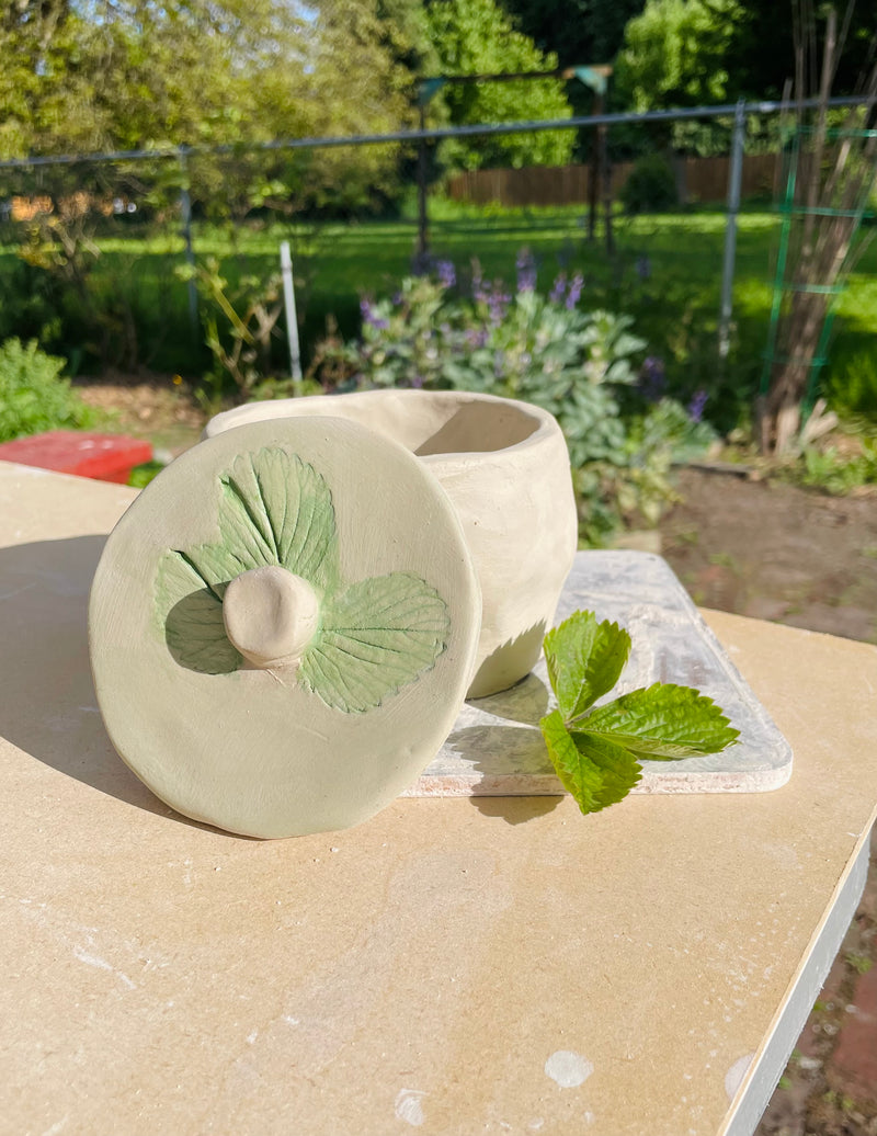 7/13 @ 2:00 Leaf Print Ceramic Jars w/ Sad Face Ceramics