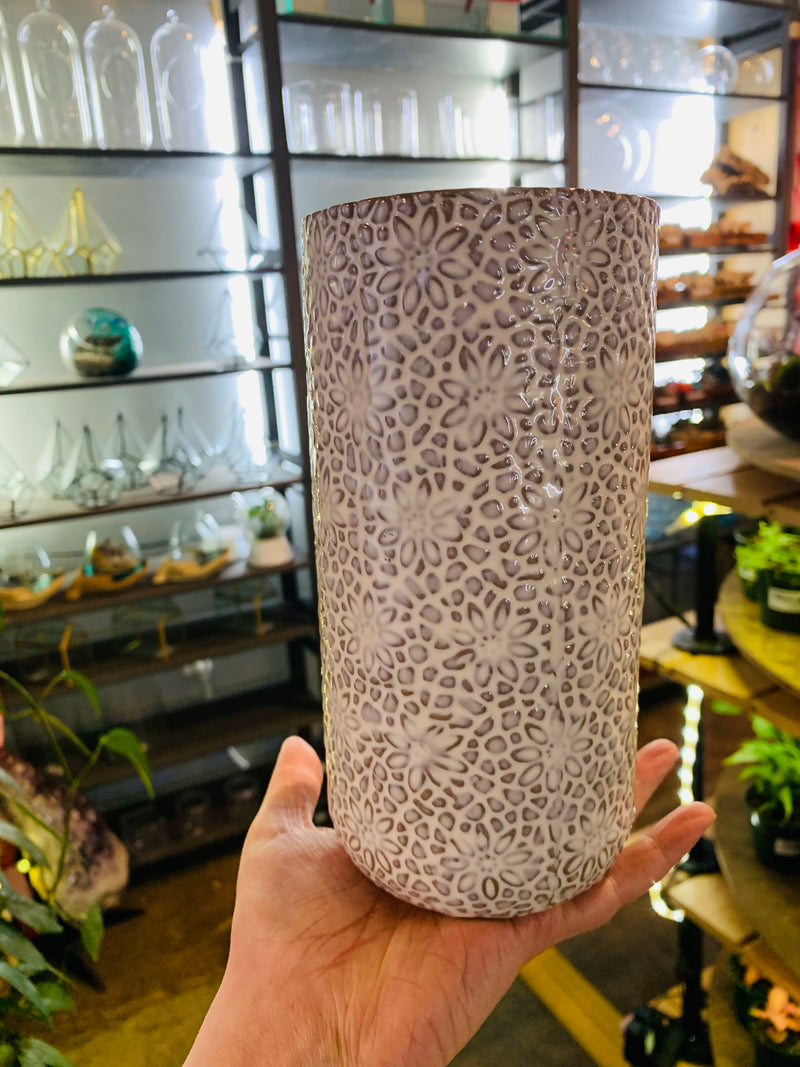 8" White Floral Texture Vase - Urban Sprouts