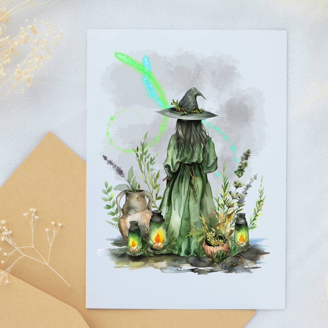 Fireworks Lantern Botanical Witch - Blank Greeting Card - Urban Sprouts