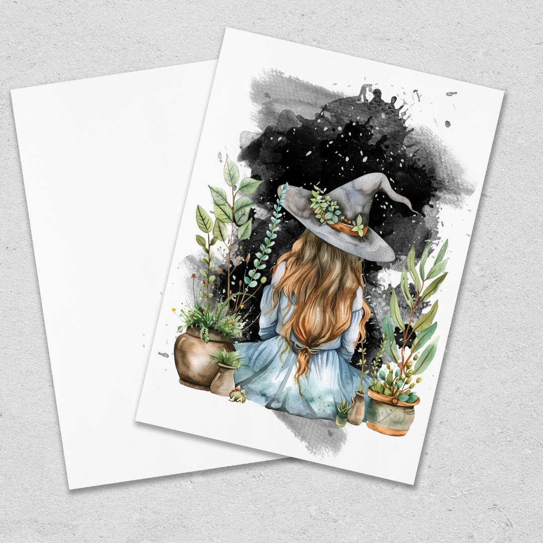 Blue Green Botanical Witch - Blank Greeting Card