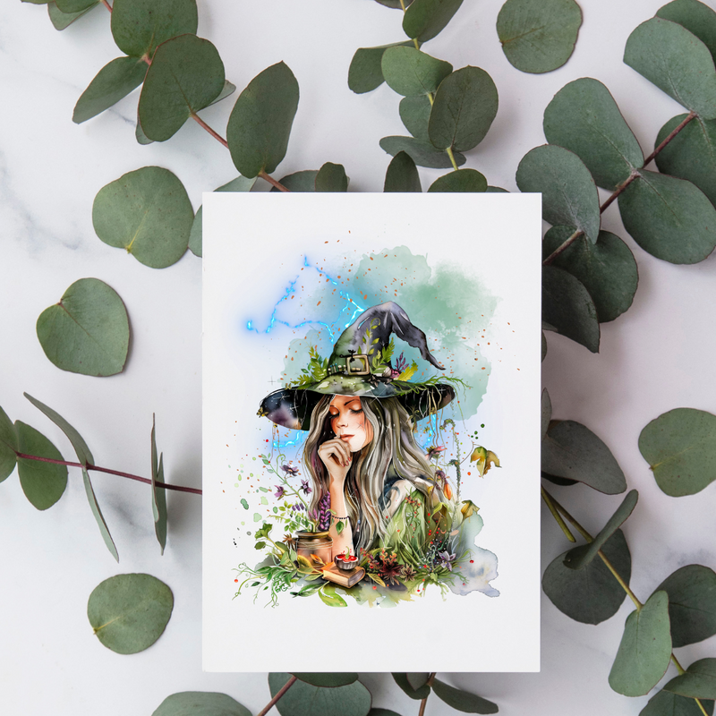 Blue Lightning Botanical Witch - Blank Greeting Card