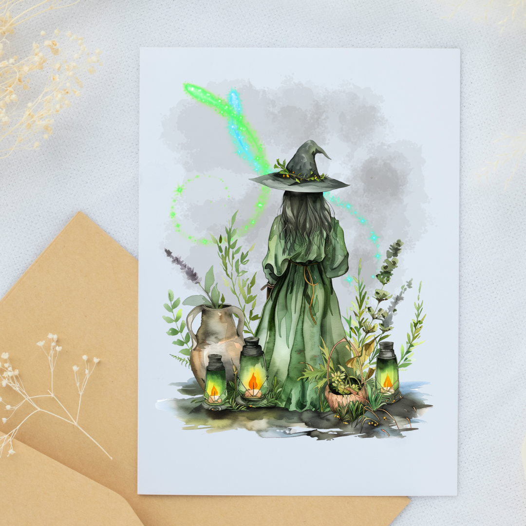 Fireworks Lantern Botanical Witch - Blank Greeting Card