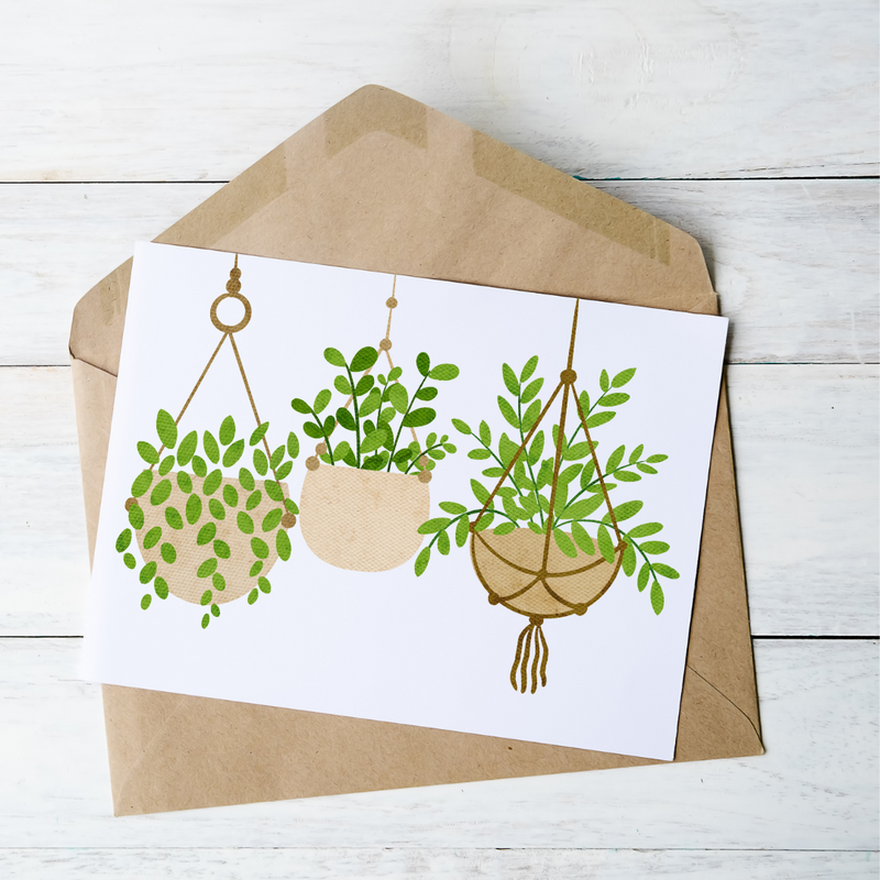 Hanging Plants Trio Tan - Blank Greeting Card